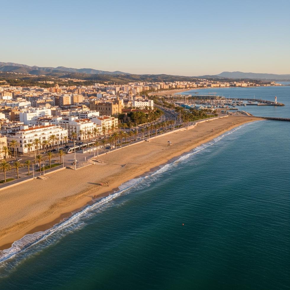 Castellón de la Plana şehir manzarası ve plaj görüntüsü