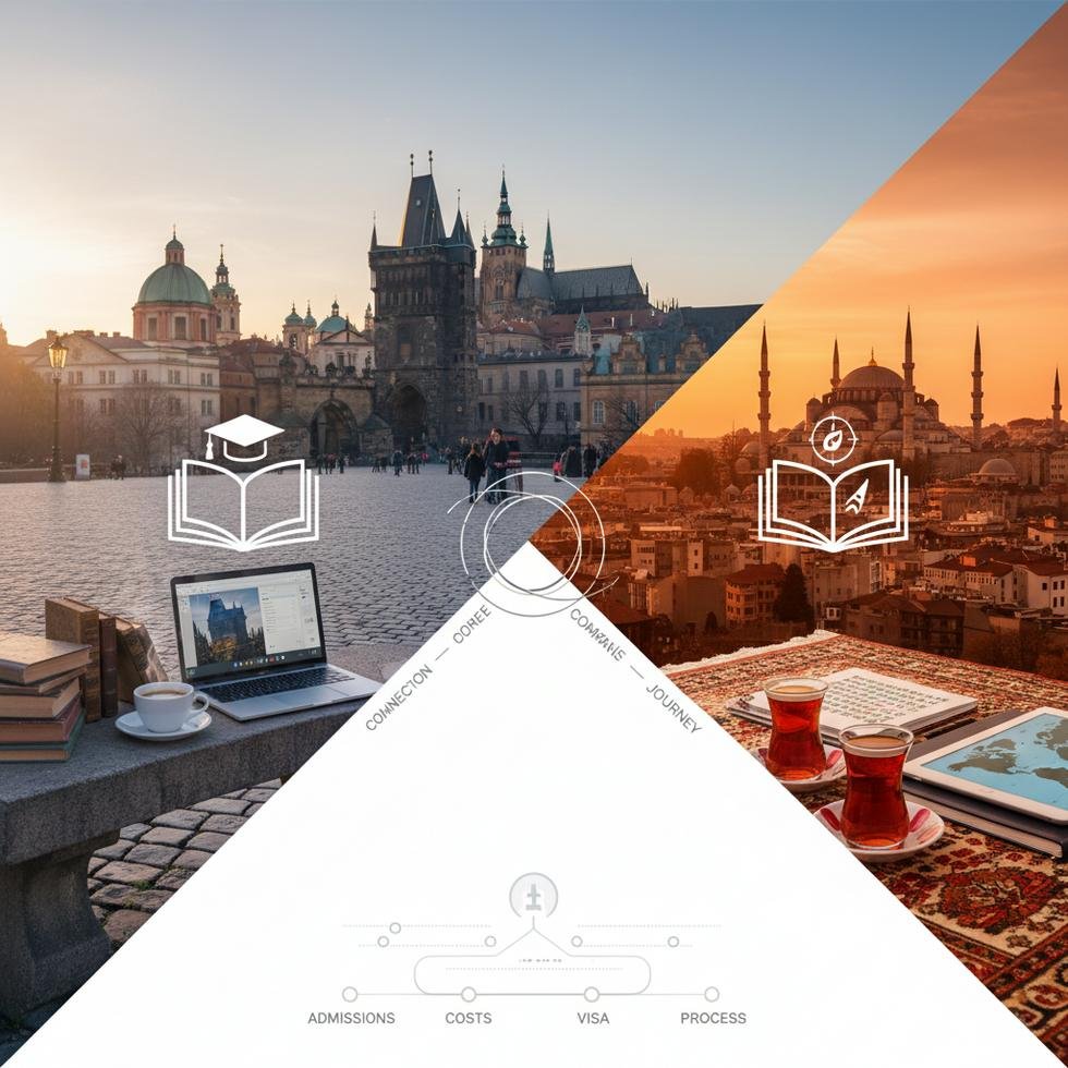 Çekya ve Türkiye’de üniversiteye giriş, maliyet ve vize süreçlerini temsil eden grafik