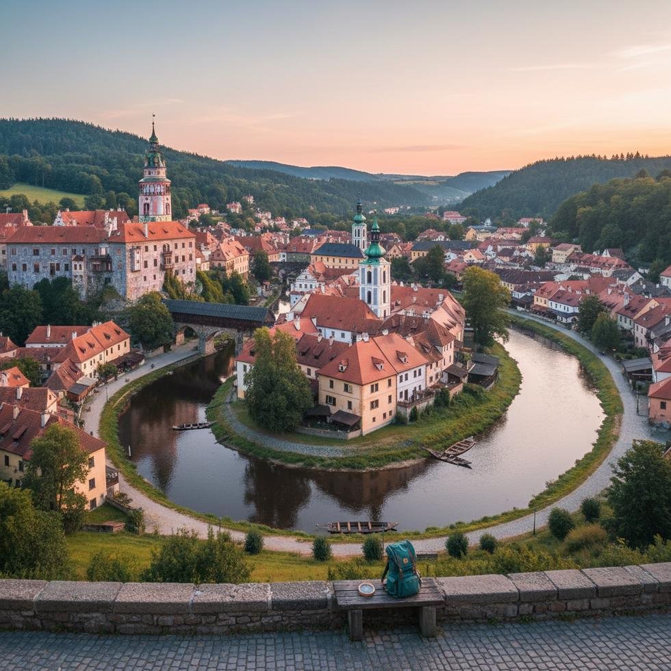 Çesky Krumlov şehrinden nehir ve tarihi kale manzarası