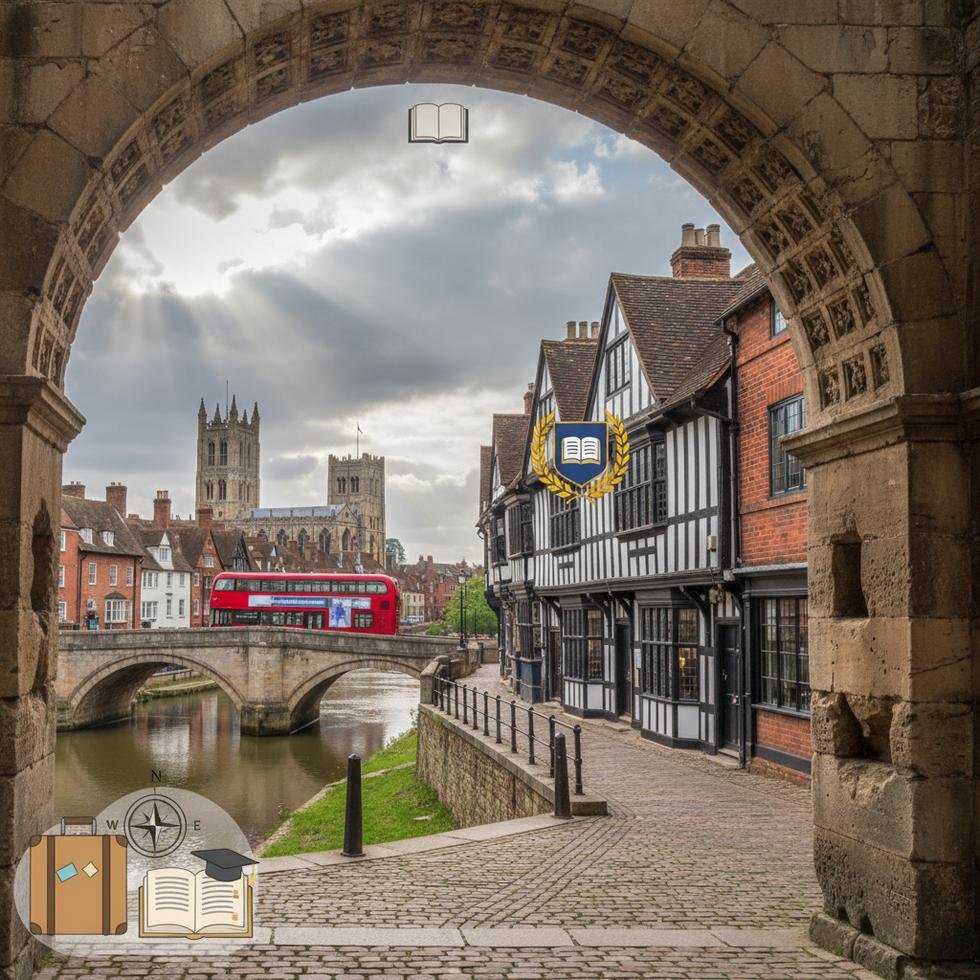 Chester sokaklarında tarihi binalar ve öğrenci grupları