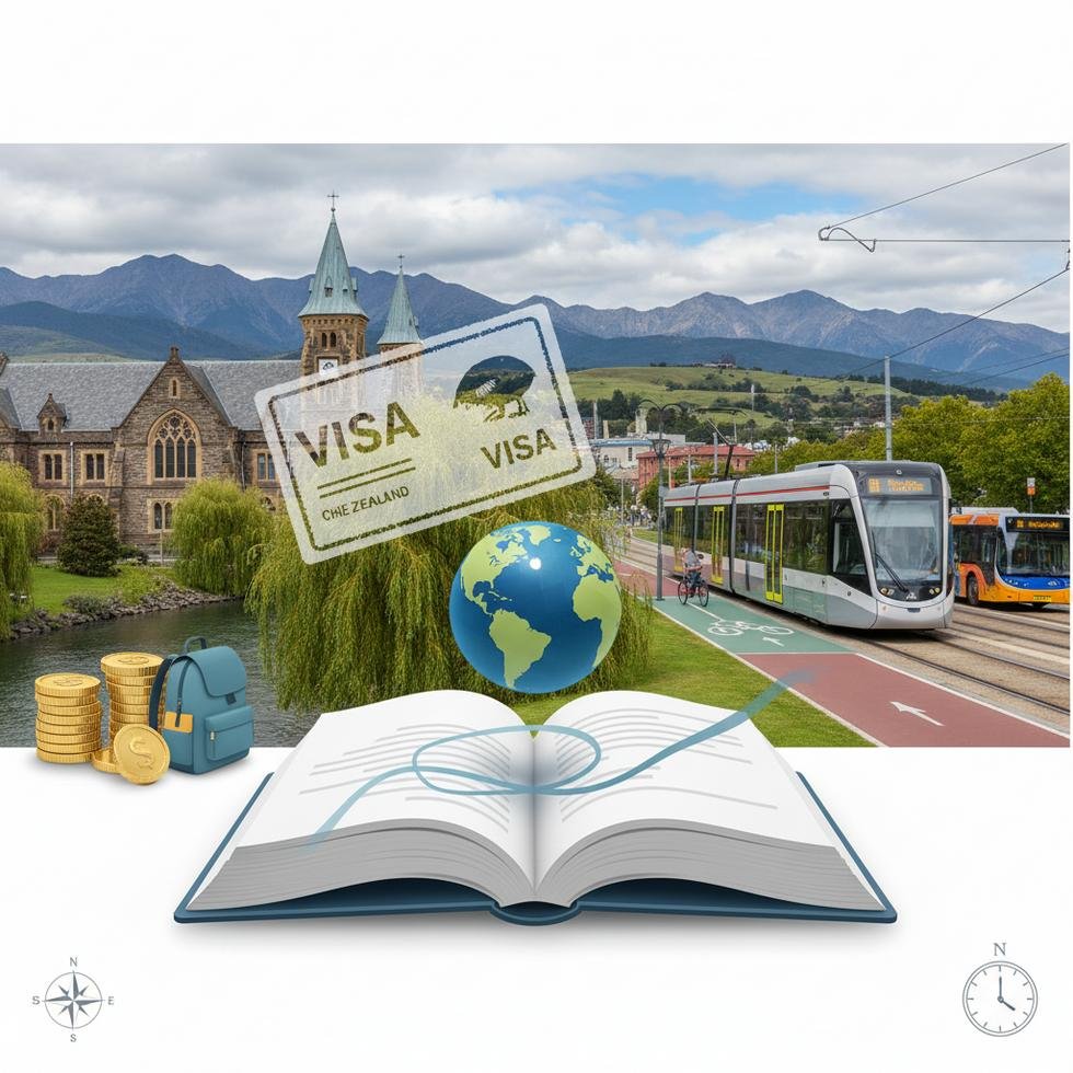 Christchurch şehir manzarası ve öğrenci aktiviteleri