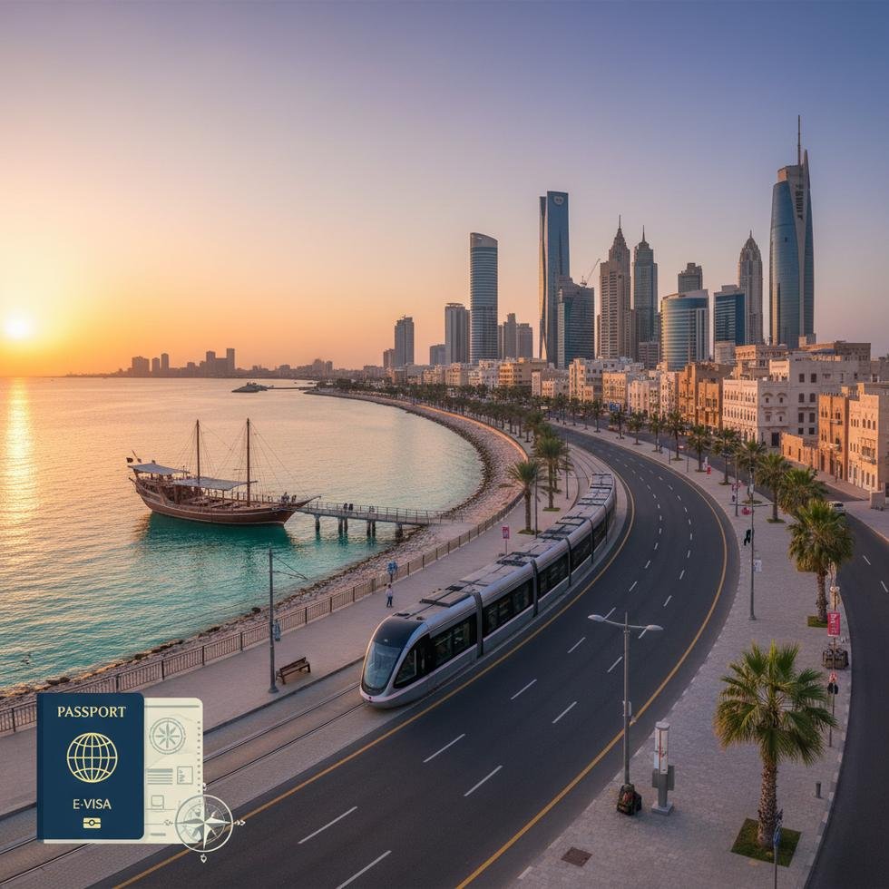 Cidde sahilinde gün batımında şehir manzarası