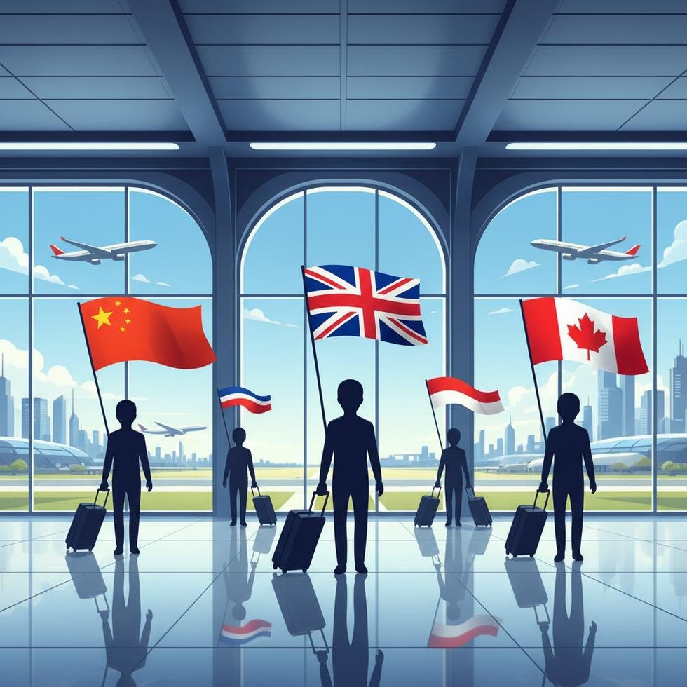 Uluslararası havaalanında Çin, İngiltere ve Kanada bayrakları tutan yolcular