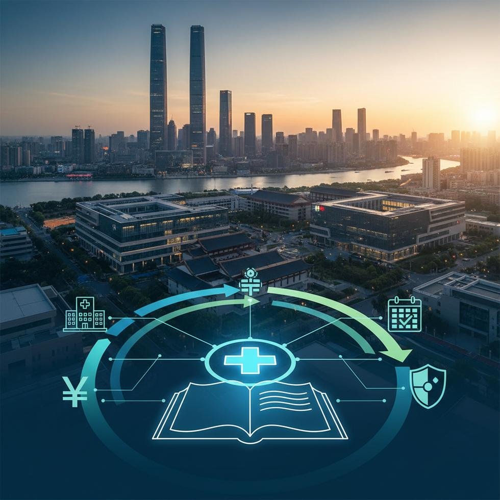 Çin’de sağlık sistemi ve hastane randevusu kavramlarını simgeleyen görsel