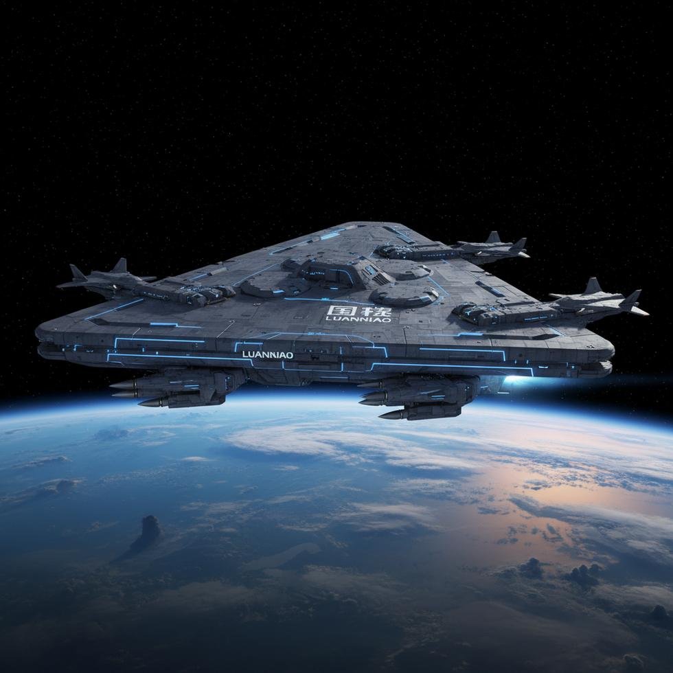 Triangular futuristic Chinese spacecraft at Earth's atmospheric edge