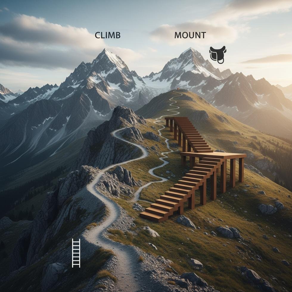 İngilizce climb ve mount fiillerinin doğru kullanımıyla ilgili grafik