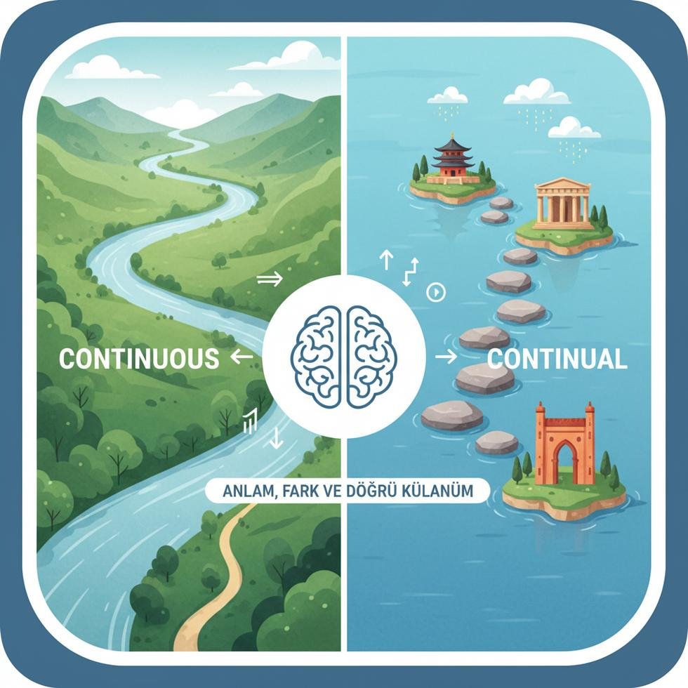 Continuous ve Continual kelimelerinin anlam farklarını açıklayan görsel