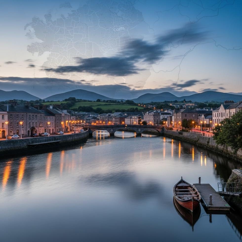 Cork şehrinden panoramik bir manzara ve şehir içinde otobüs durakları