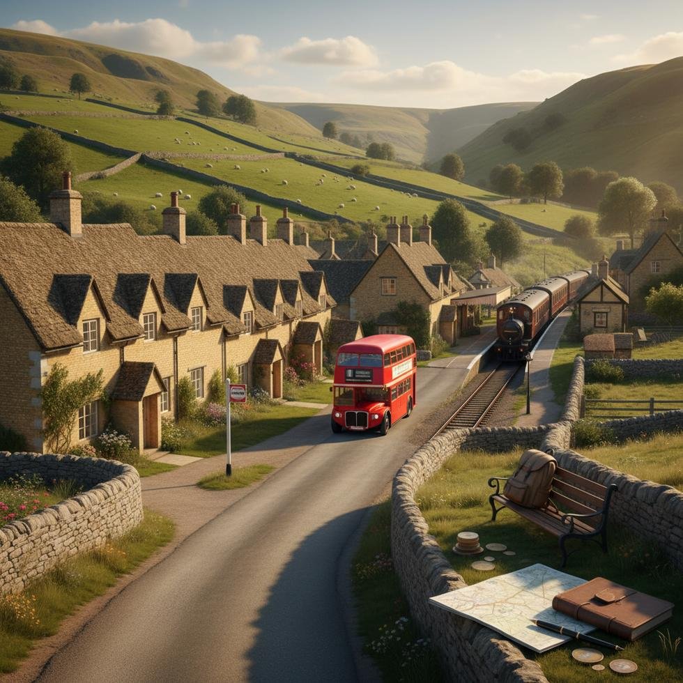 Cotswolds bölgesinde taş evler ve yeşil doğa manzarası