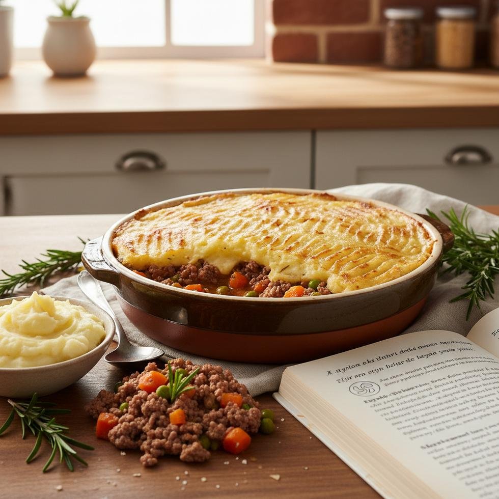 Fırında pişmiş cottage pie, kızarmış patates püresi ve kıymalı iç harcıyla