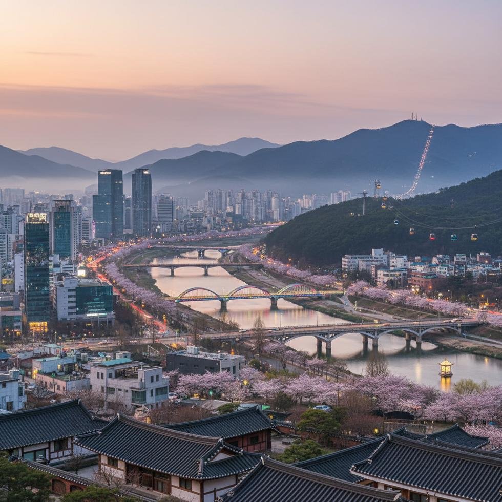 Daegu şehrinin panoramik görünümü ve 83 Tower