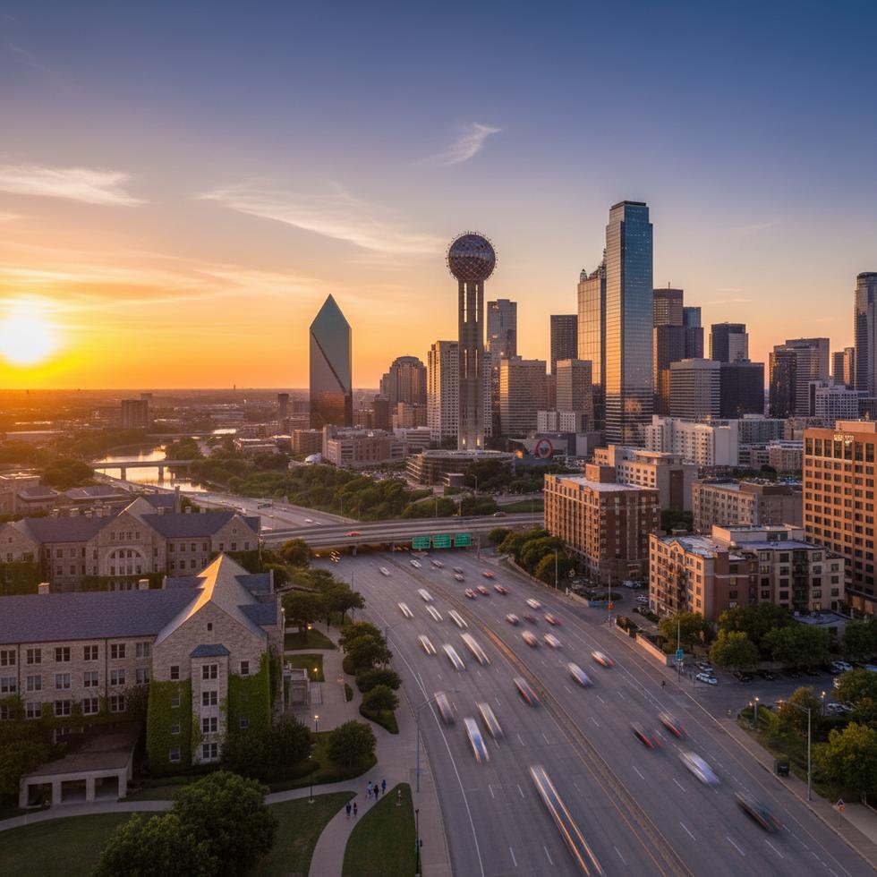 Dallas şehir merkezi ve ulaşım yolları görünümü