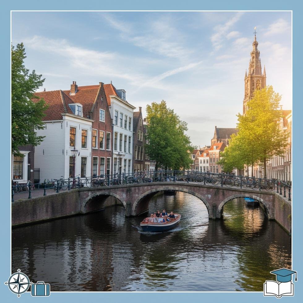 Delft şehrindeki tarihi kanallar ve mimari görüntü