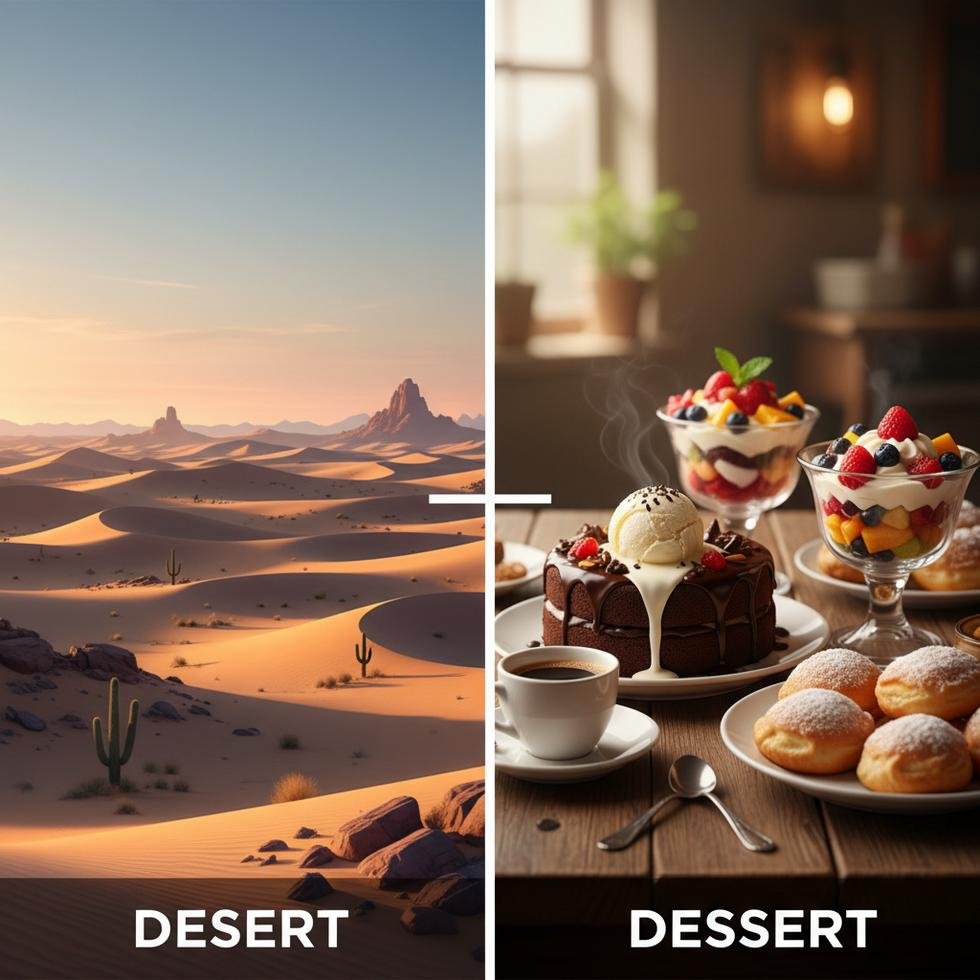 Desert ve dessert kelimelerinin İngilizce yazım farkları infografik