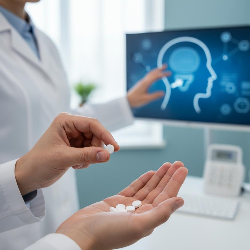 Dil altı hapı tutan bir kişinin yakın çekimi ve bir sağlık profesyoneli