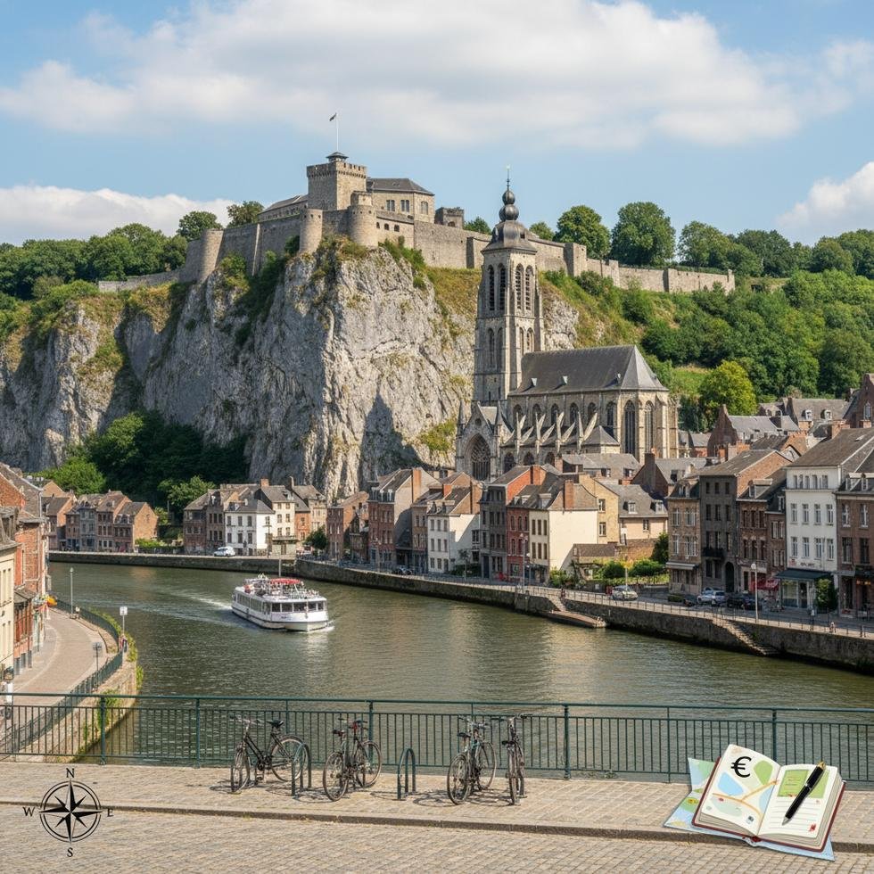 Dinant şehrinin nehir kıyısı ve Citadelle manzarası