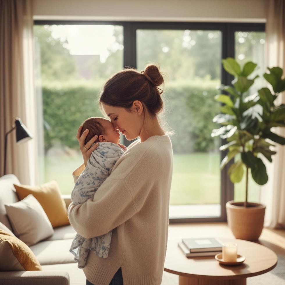 Anne ve yeni doğmuş bebeği ev ortamında mutlulukla tutuyor