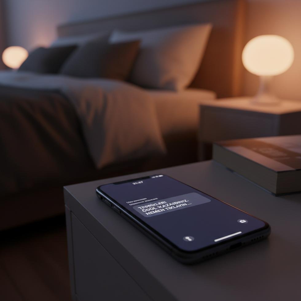 Gece vakti bir akıllı telefona gelen şüpheli mesaj.