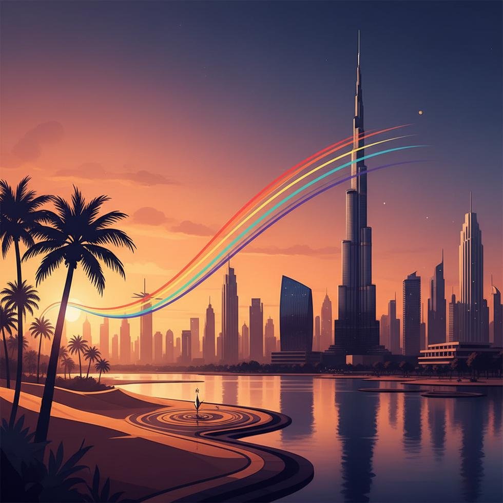 Dubai’de LGBTQ+ yaşamını simgeleyen şehir ve bayrak temalı görsel