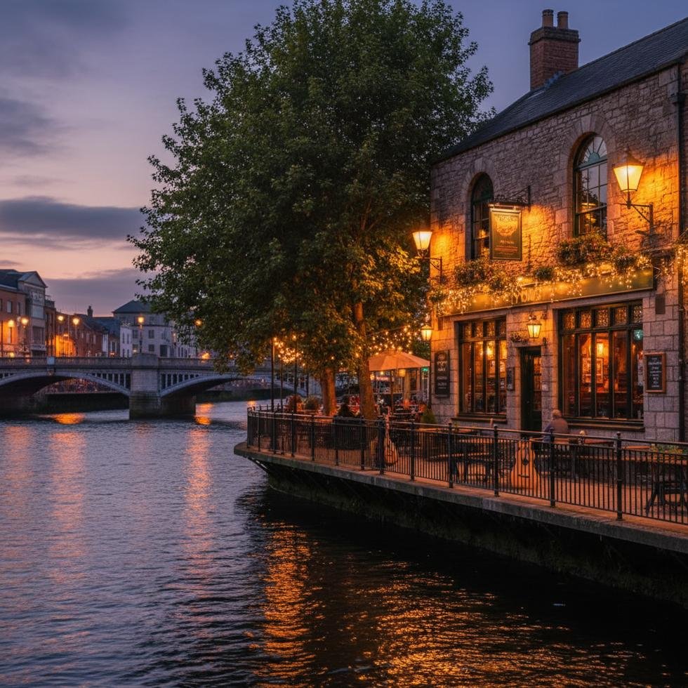 Dublin nehir kenarında Sevgililer Günü atmosferi, pub ve canlı müzik ile