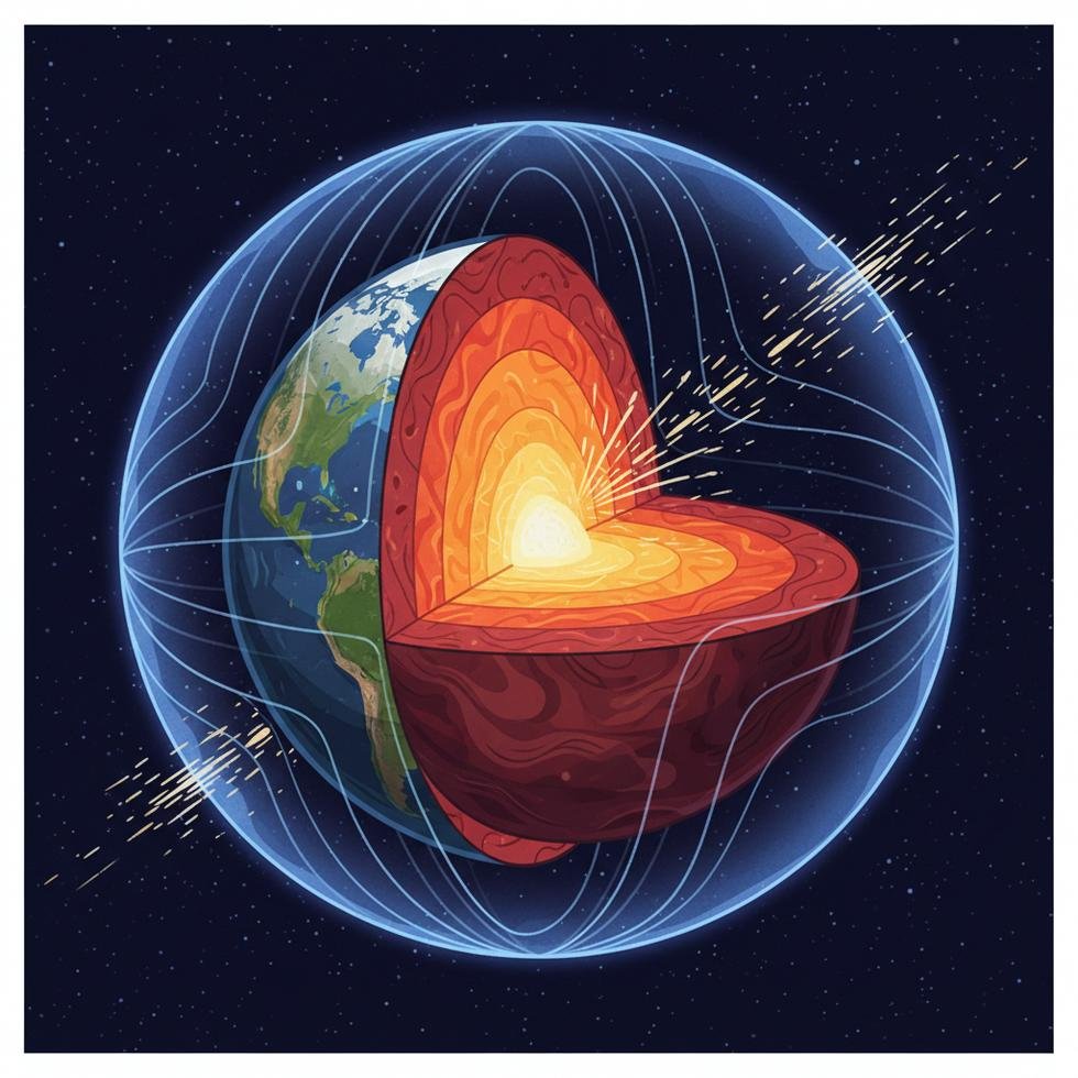 Dünya'nın iç katmanları ve manyetik alanın koruyucu etkisini gösteren bilimsel illüstrasyon