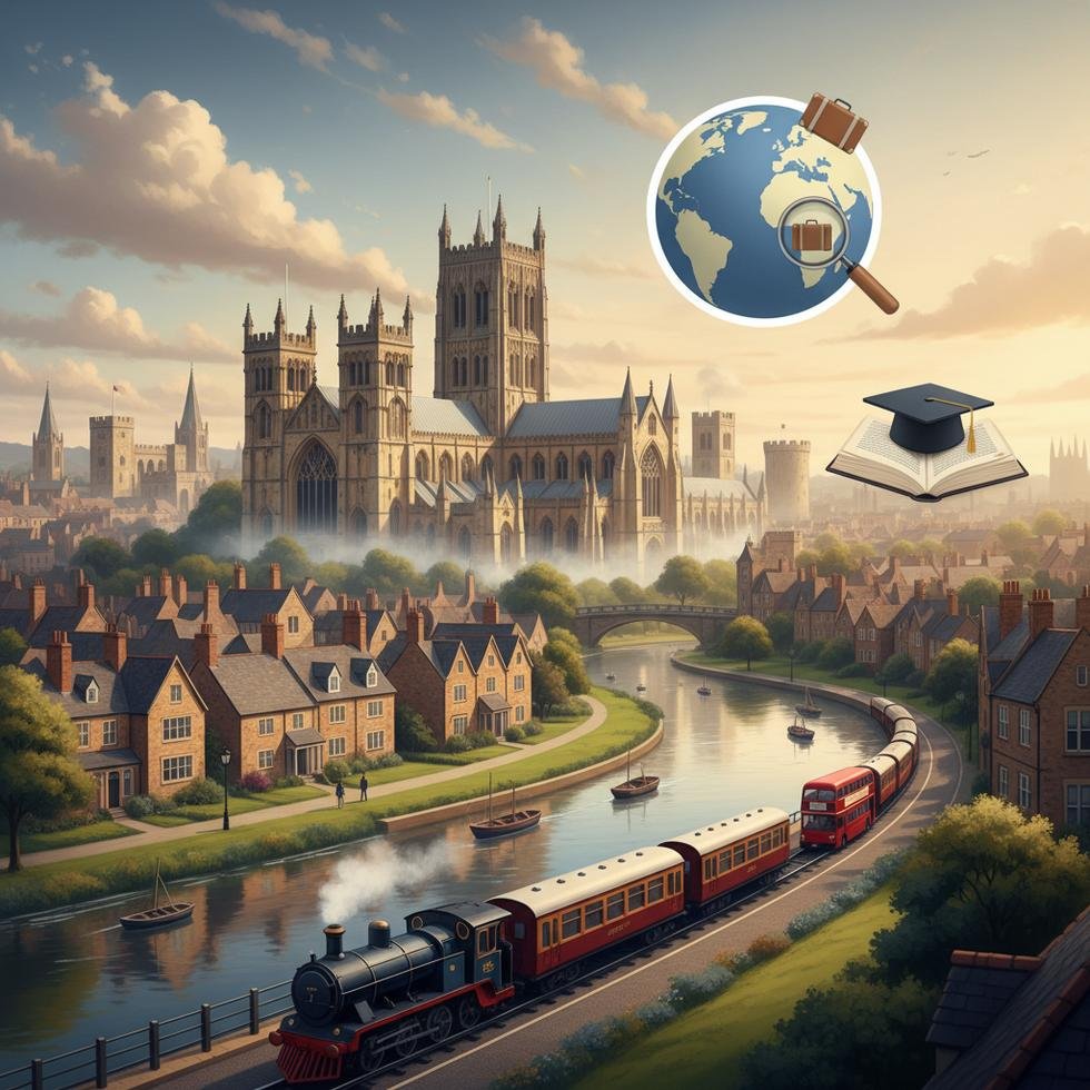 Durham Katedrali çevresinde Wear Nehri ve tarihi yapıların genel görünümü