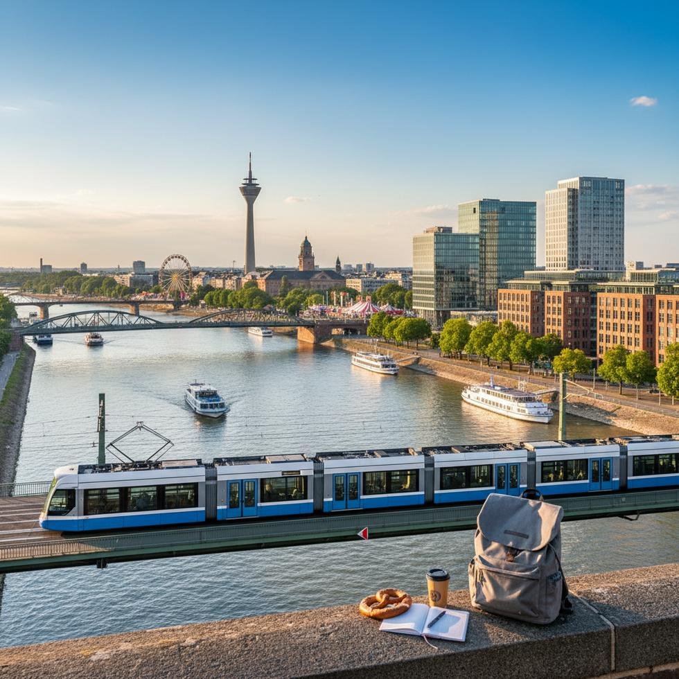 Ren Nehri kıyısında Düsseldorf şehir manzarası