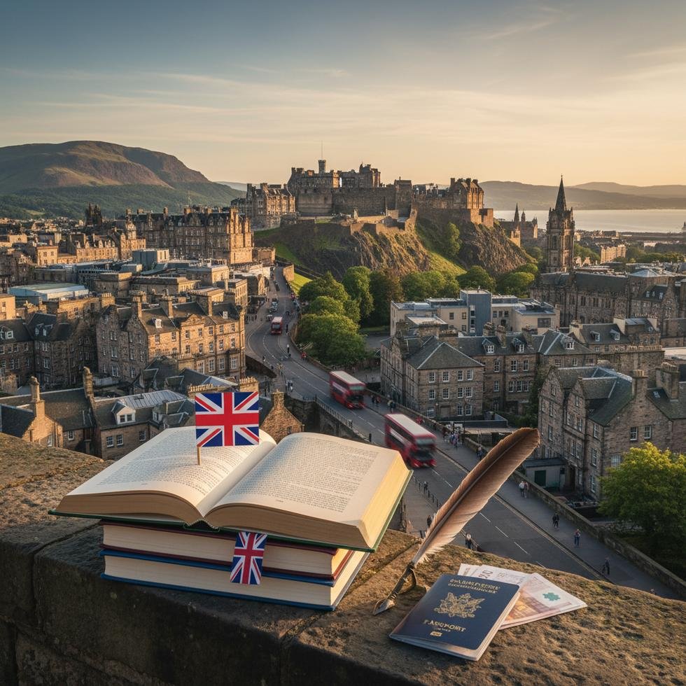 Edinburgh'da dil okulu önünde duran öğrenciler