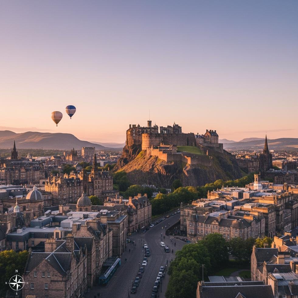 Edinburgh kalesi ve taş binaların romantik manzarası