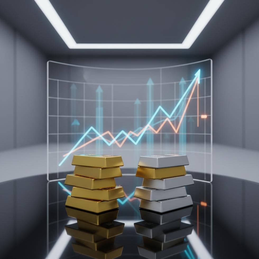 Gold and silver bars with financial chart illustration