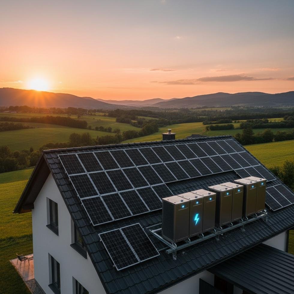 A house roof with modern solar panels and battery system during sunset