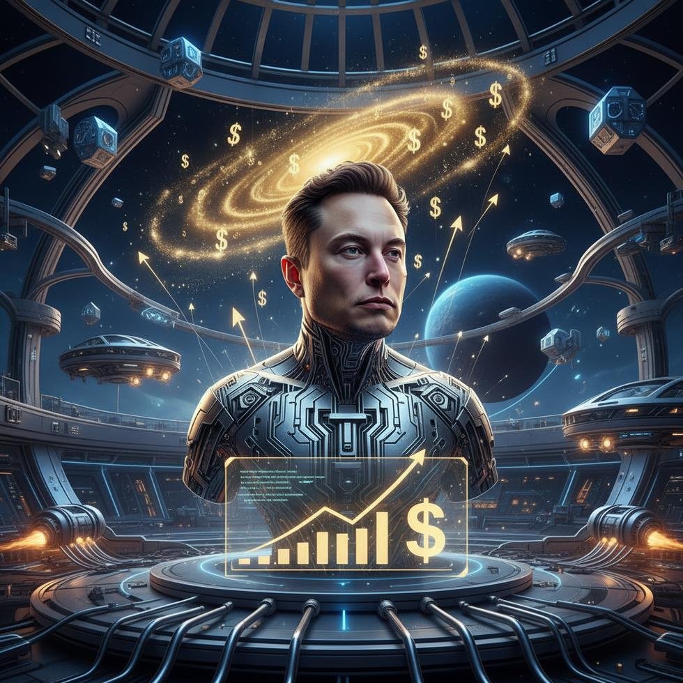 Elon Musk portrait with technology theme background