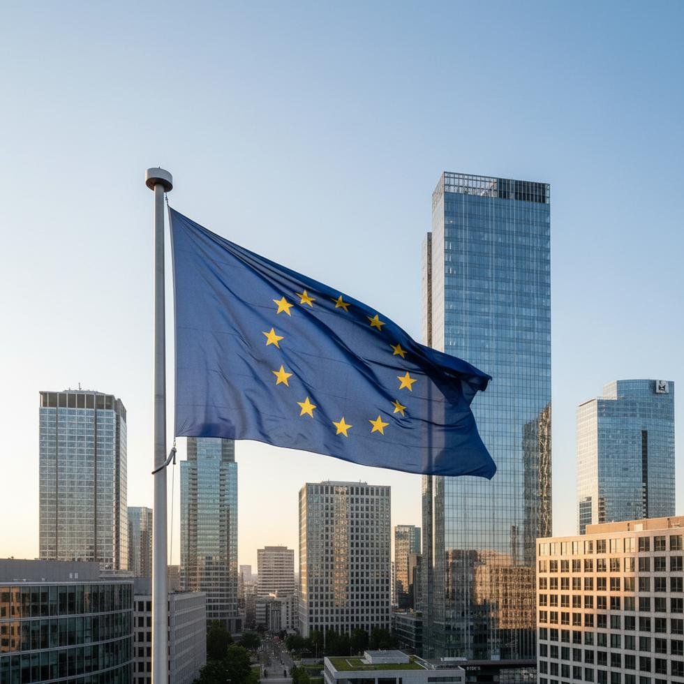 European Union flag in financial district