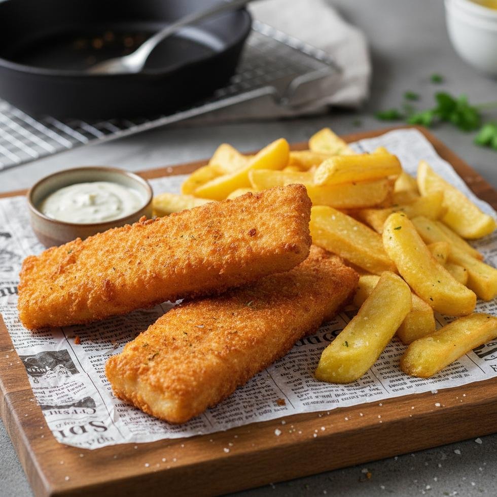 Evde hazırlanmış kıtır fish and chips tabak