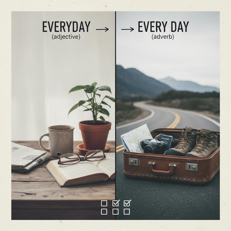 Everyday ve every day kullanım farklarını anlatan İngilizce öğrenme görseli