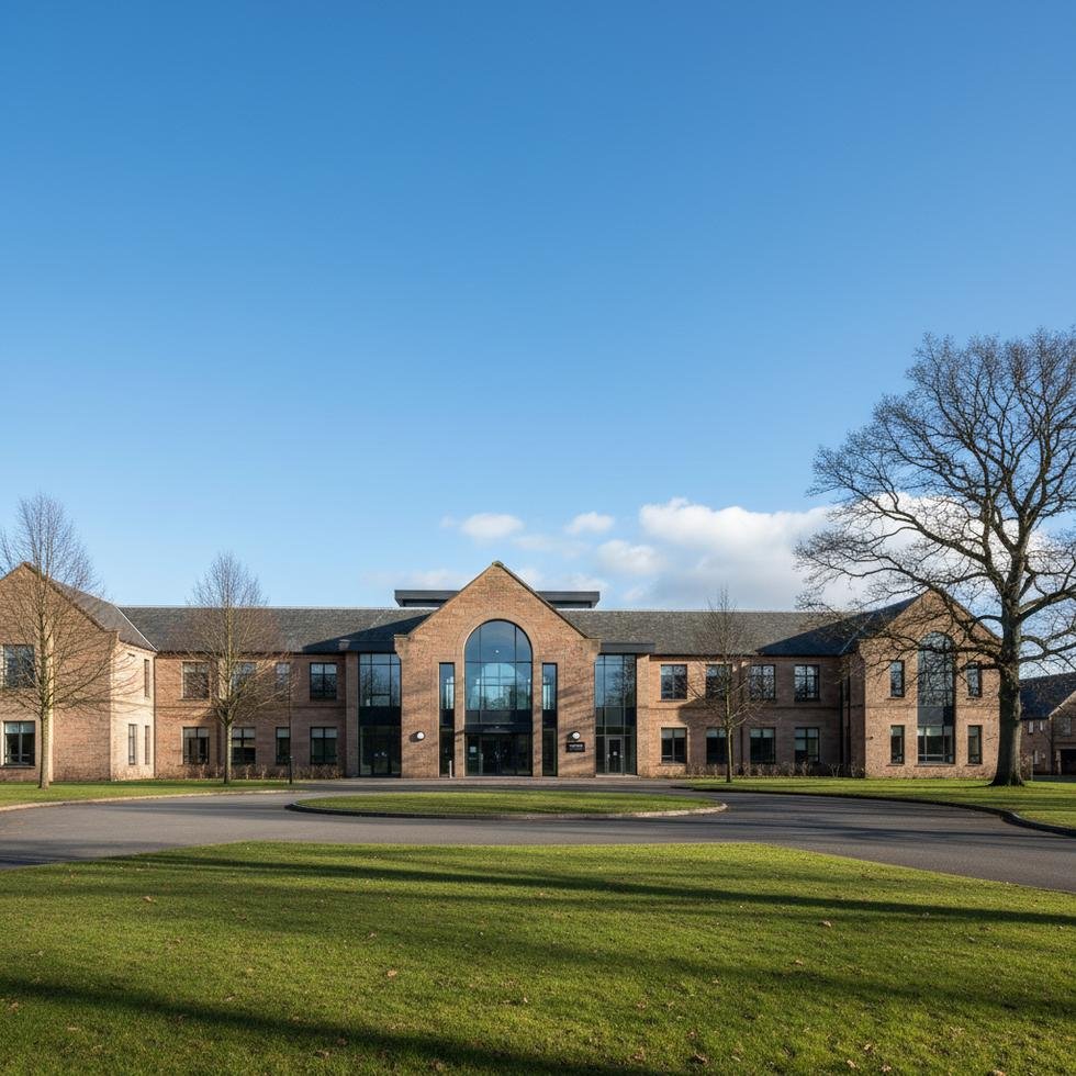 Fernhill özel okulunun boş ve modern bina dış görünüşü