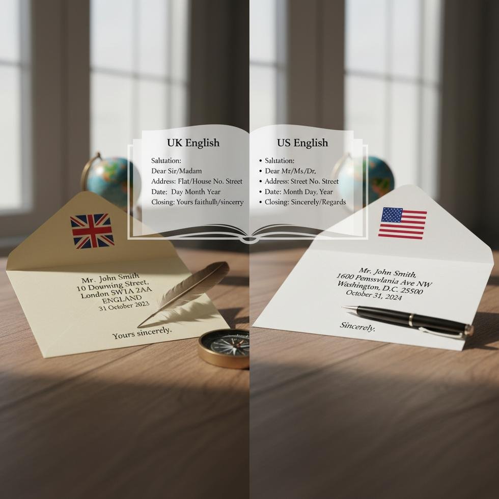 Birleşik Krallık ve Amerika Birleşik Devletleri resmî mektup yazım farkları görseli