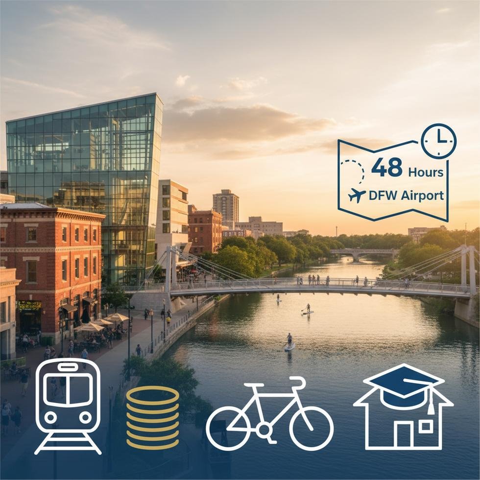 Fort Worth sokaklarında yürüyen öğrenciler ve TEXRail istasyonu