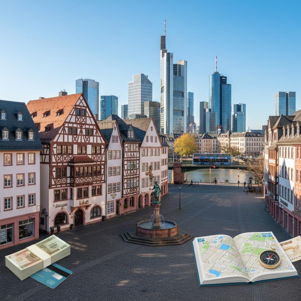 Frankfurt şehir manzarası ve Main Nehri kıyısı