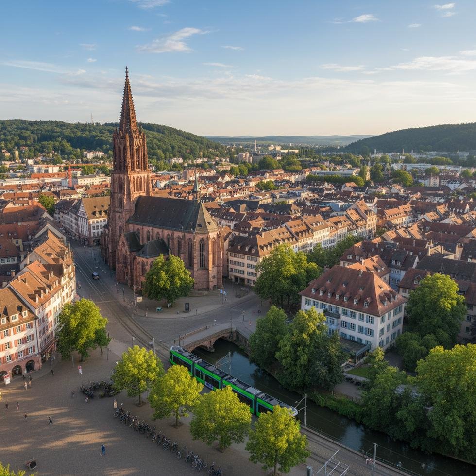 Freiburg şehir merkezinden bir görüntü, bisiklet yolları ve tarihi yapıların birleşimi