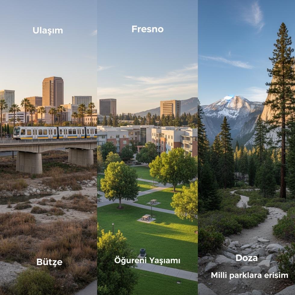 Fresno şehri ve çevresindeki milli parkları gösteren manzara