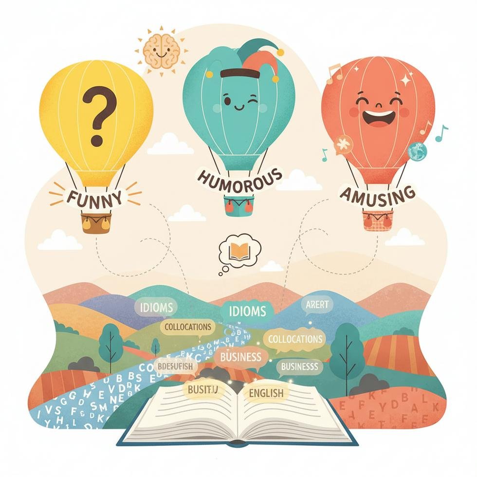 Funny, Humorous ve Amusing kelimelerinin kullanımını gösteren İngilizce öğrenme görseli