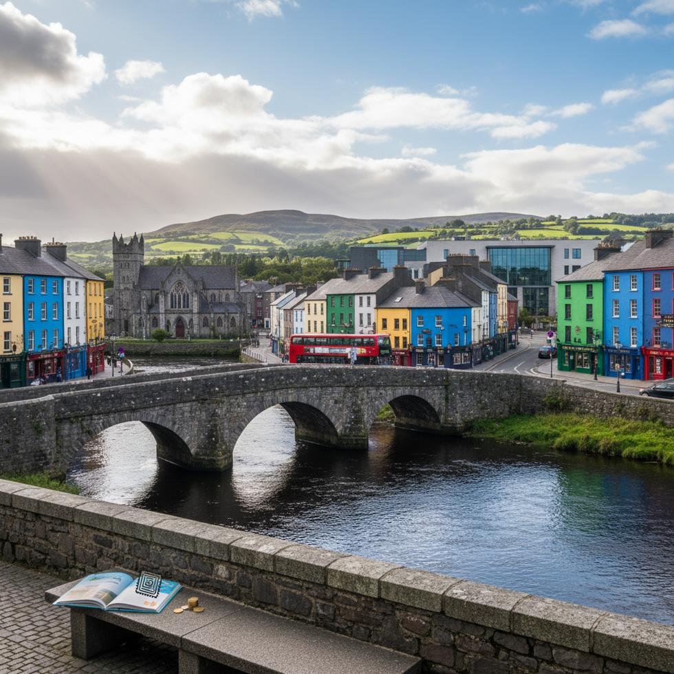 Galway şehir merkezinde renkli binalar ve sokaklar
