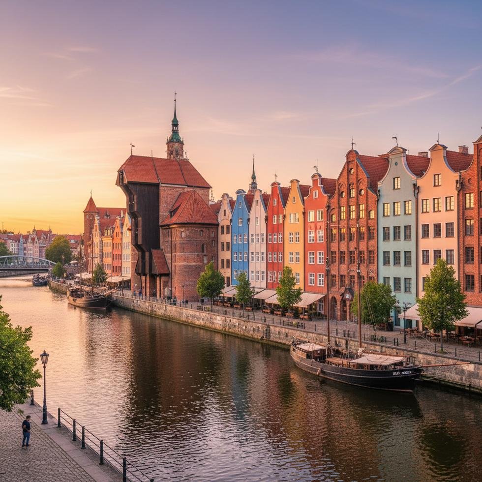 Gdansk şehrinden panoramik manzara ve tarihi yapılar