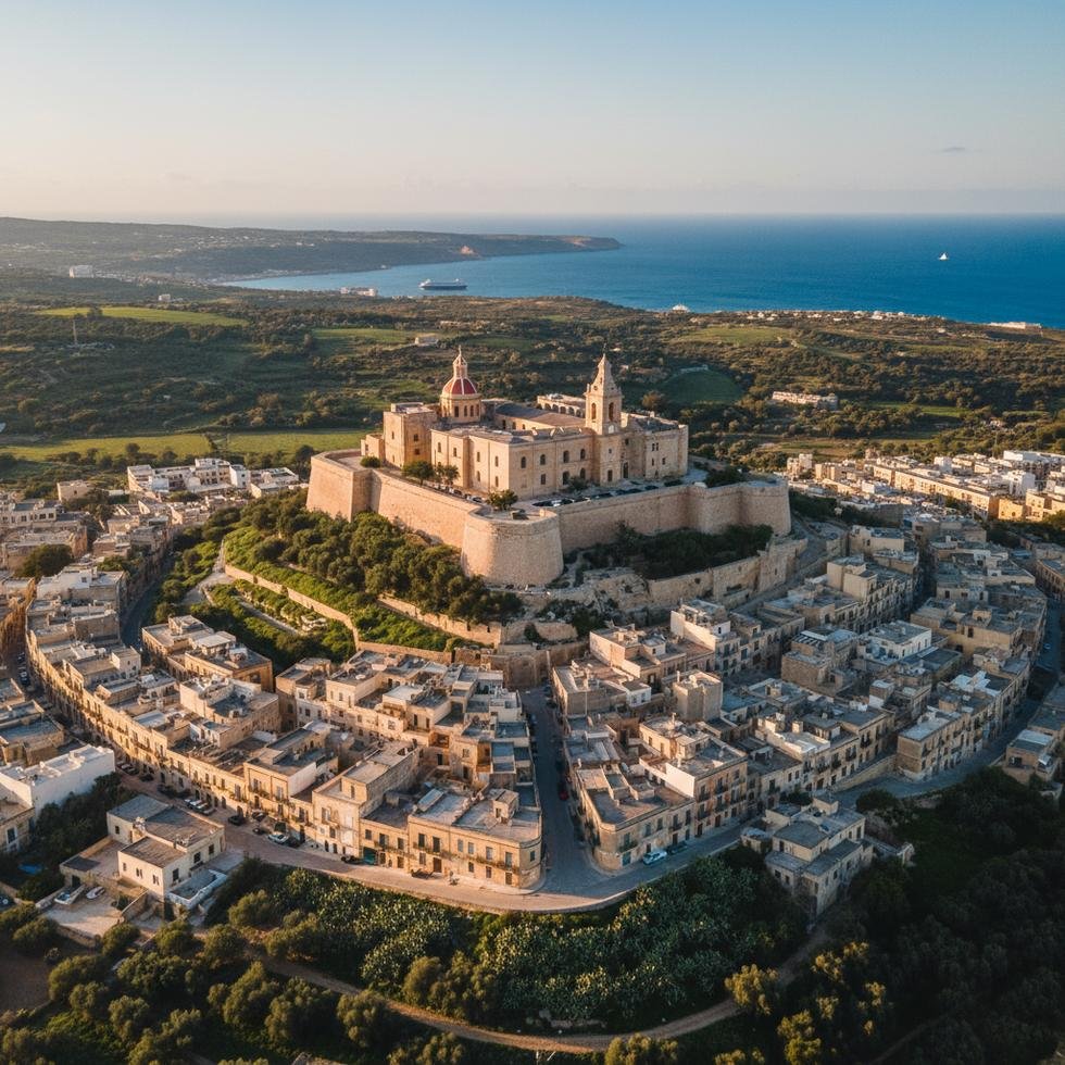 Gozo adasında Victoria şehri ve tarihi yapılar