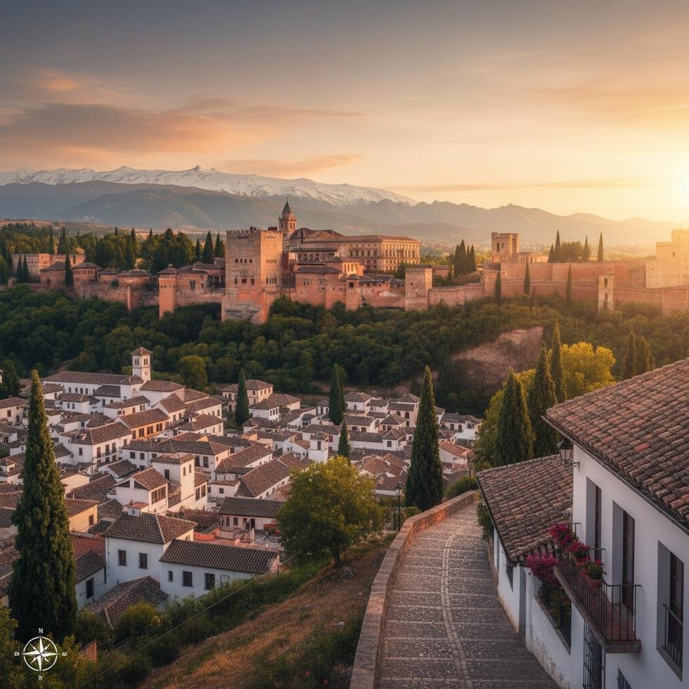 Granada şehrinden Alhambra Sarayı manzarası