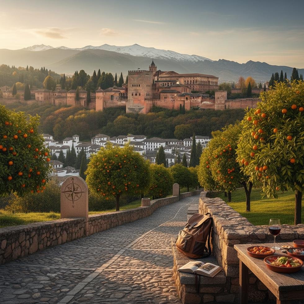 Granada şehri ve Alhambra sarayı panoramik görüntüsü