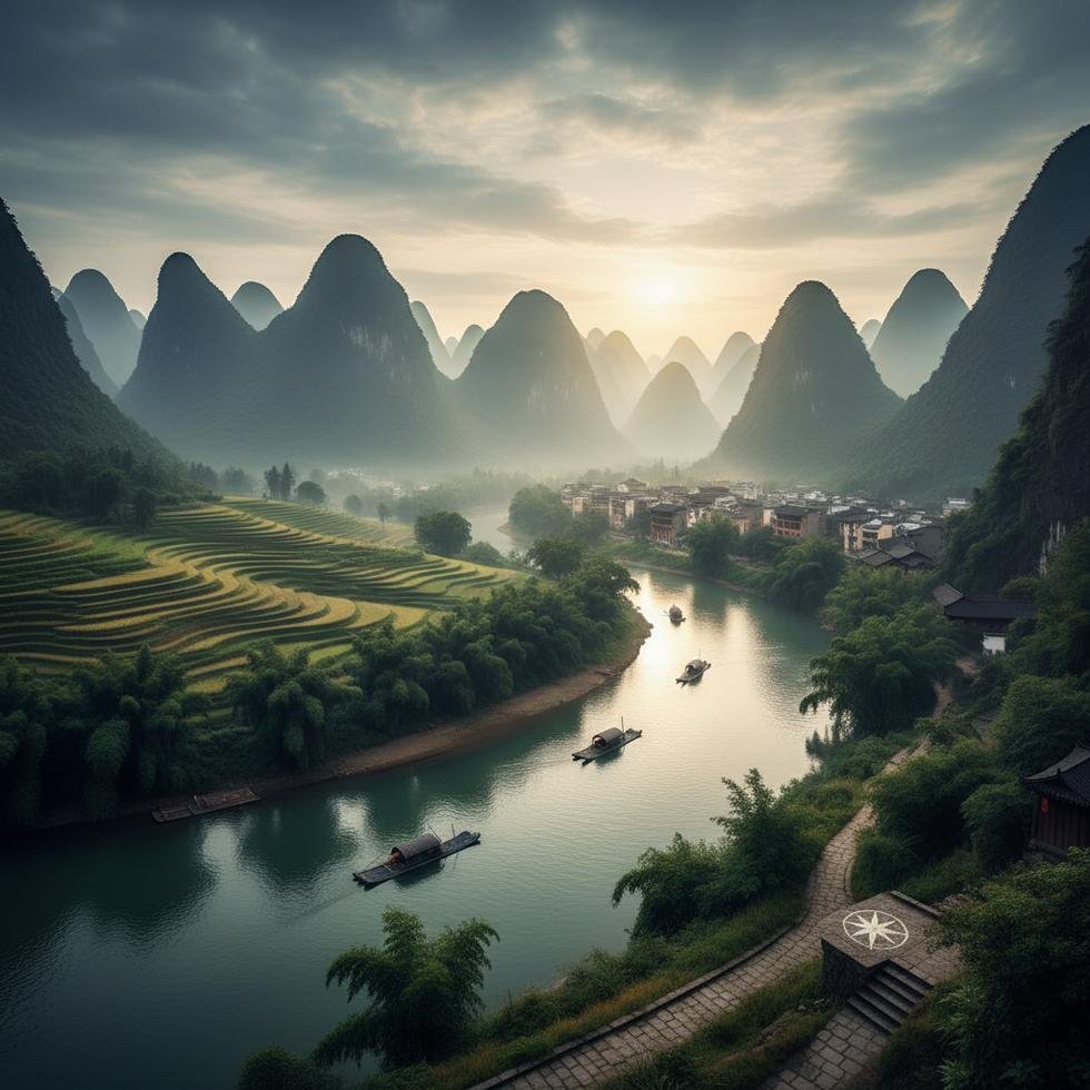 Guilin karst dağları ve Li Nehri manzarası