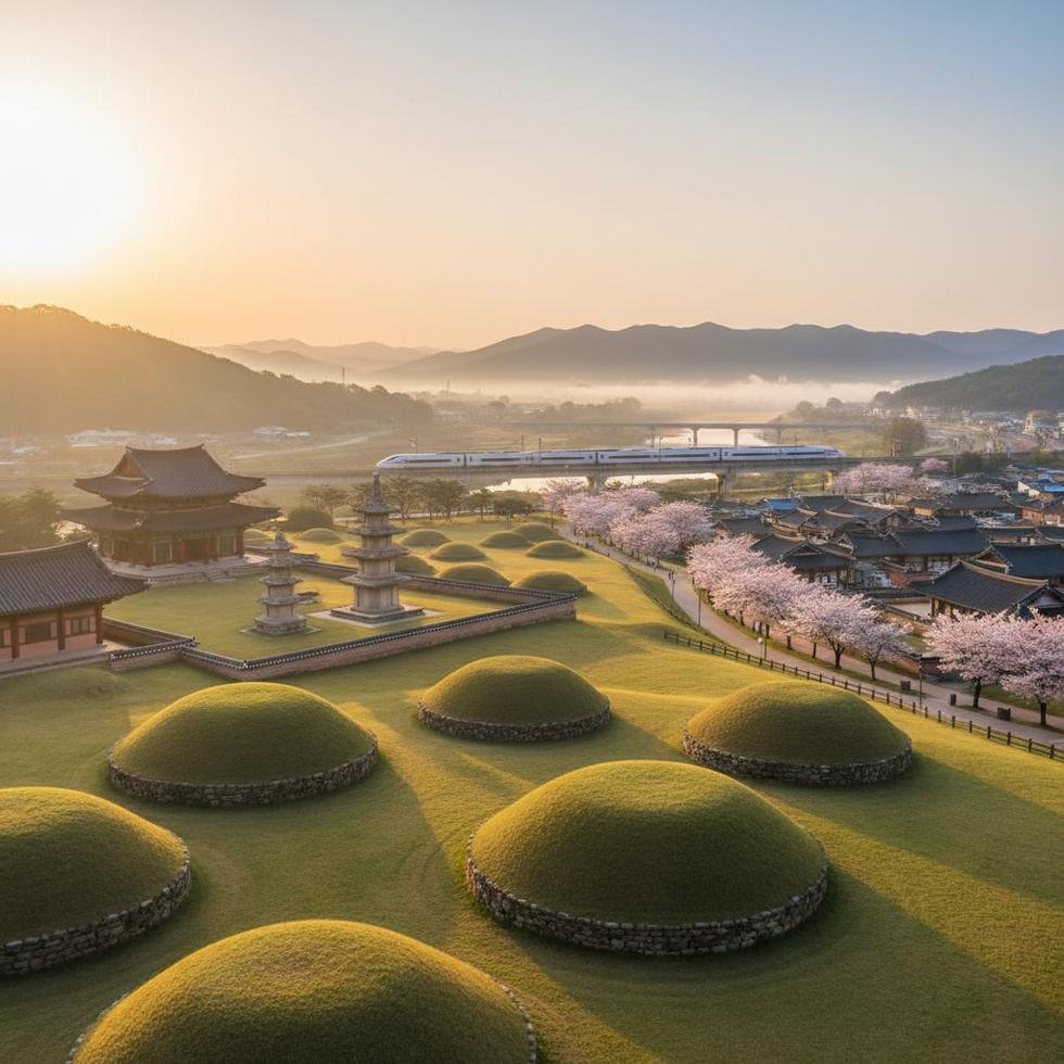 Gyeongju'da tarihi tapınak ve gölet manzarası