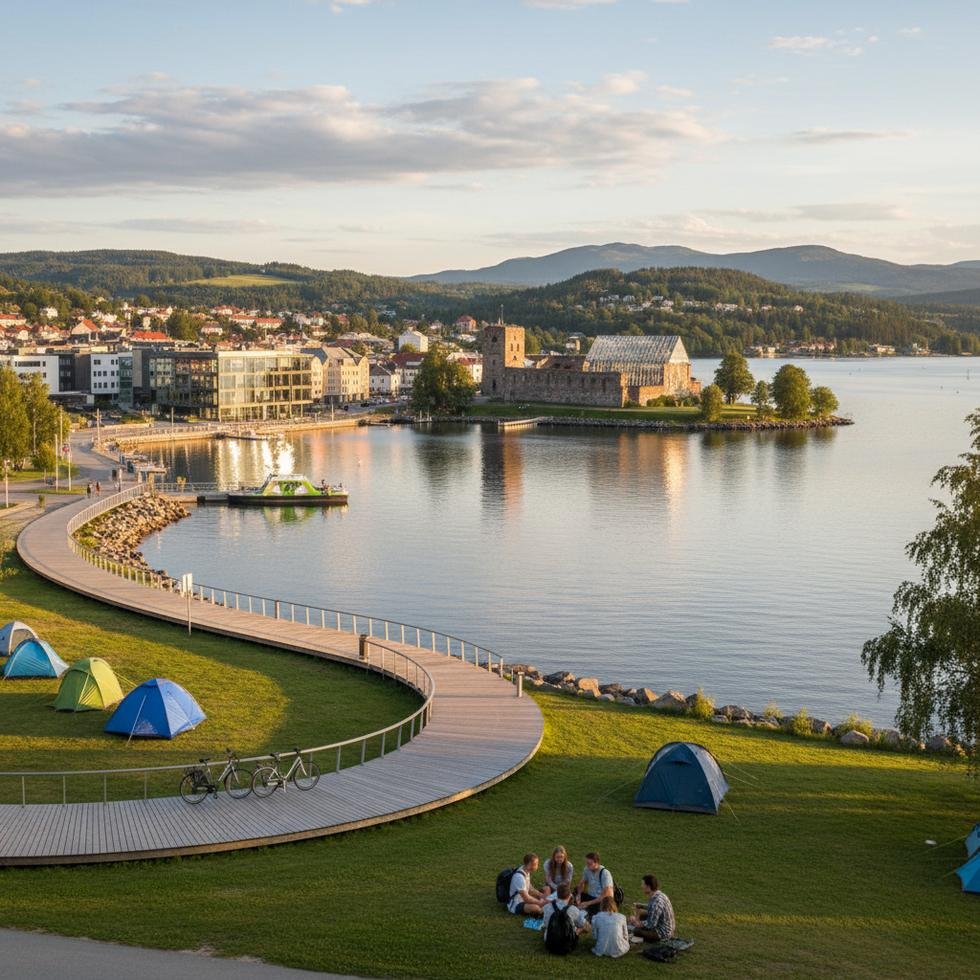 Hamar şehrinin Mjøsa gölü kıyısındaki doğal ve kültürel manzarası